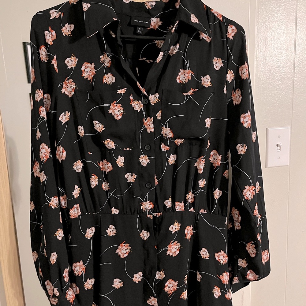 Classic button up A-line dress, black with flower blossoms in shades of pink